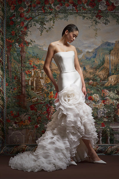 Wedding dress Satin and silk organza maxi dress with a voluminous flower – RASARIO Online Boutique 44 (FR) / White