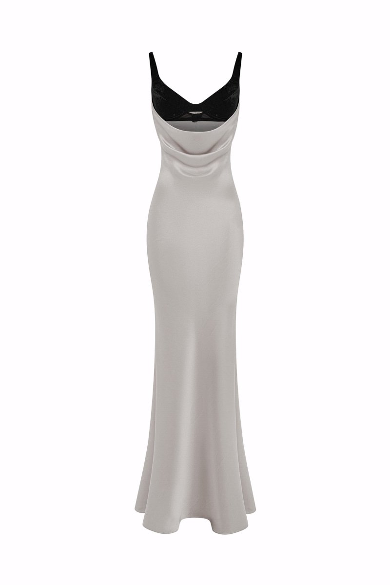 grey draped dress Satin and velvet maxi – Color: – RASARIO Online Boutique 42 (FR) / Grey Wood Finish:Gardenia White NS 3/16/26 Primavera Couture Pearl Scoop and special occasions