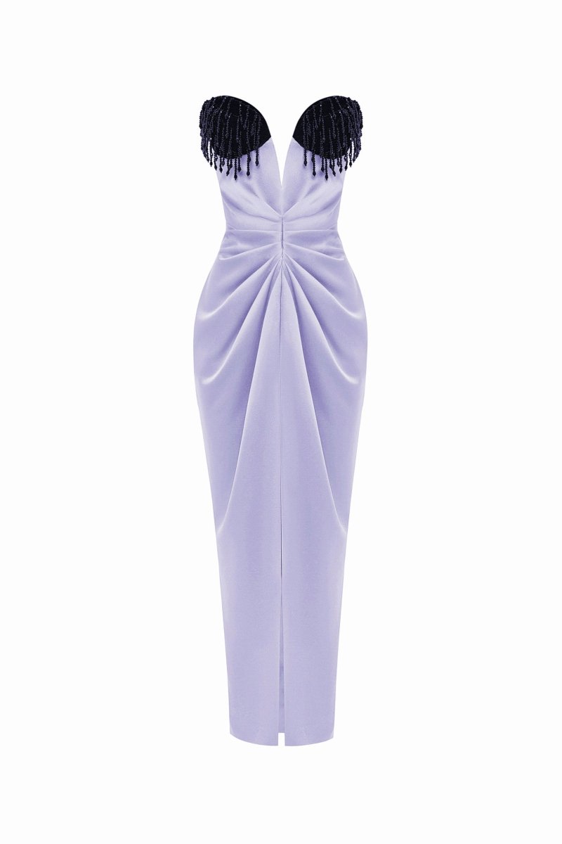 Satin and velvet fringed corset midi dress – Color: Lilac – RASARIO Online Boutique 34 (FR) / Lilac