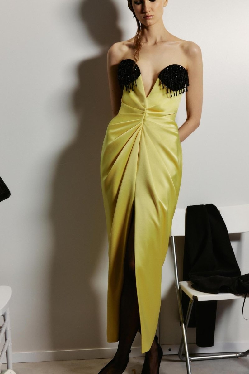 Satin and velvet fringed corset midi dress – Rasario