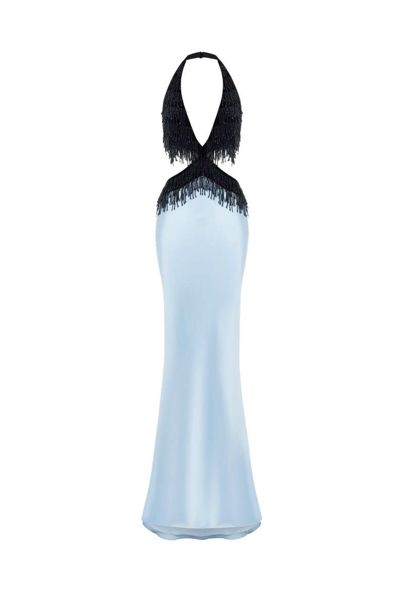 color dress blue black Satin and velvet fringed maxi – Color: Black/Light – RASARIO Online Boutique 42 (FR) / Black/Light Blue feature_Sweep Train Not So Little Black wrinkle%2C%20brighter%20colors Color:beige