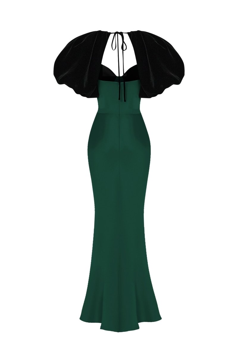Satin and velvet fringed maxi dress with voluminous sleeves – Rasario