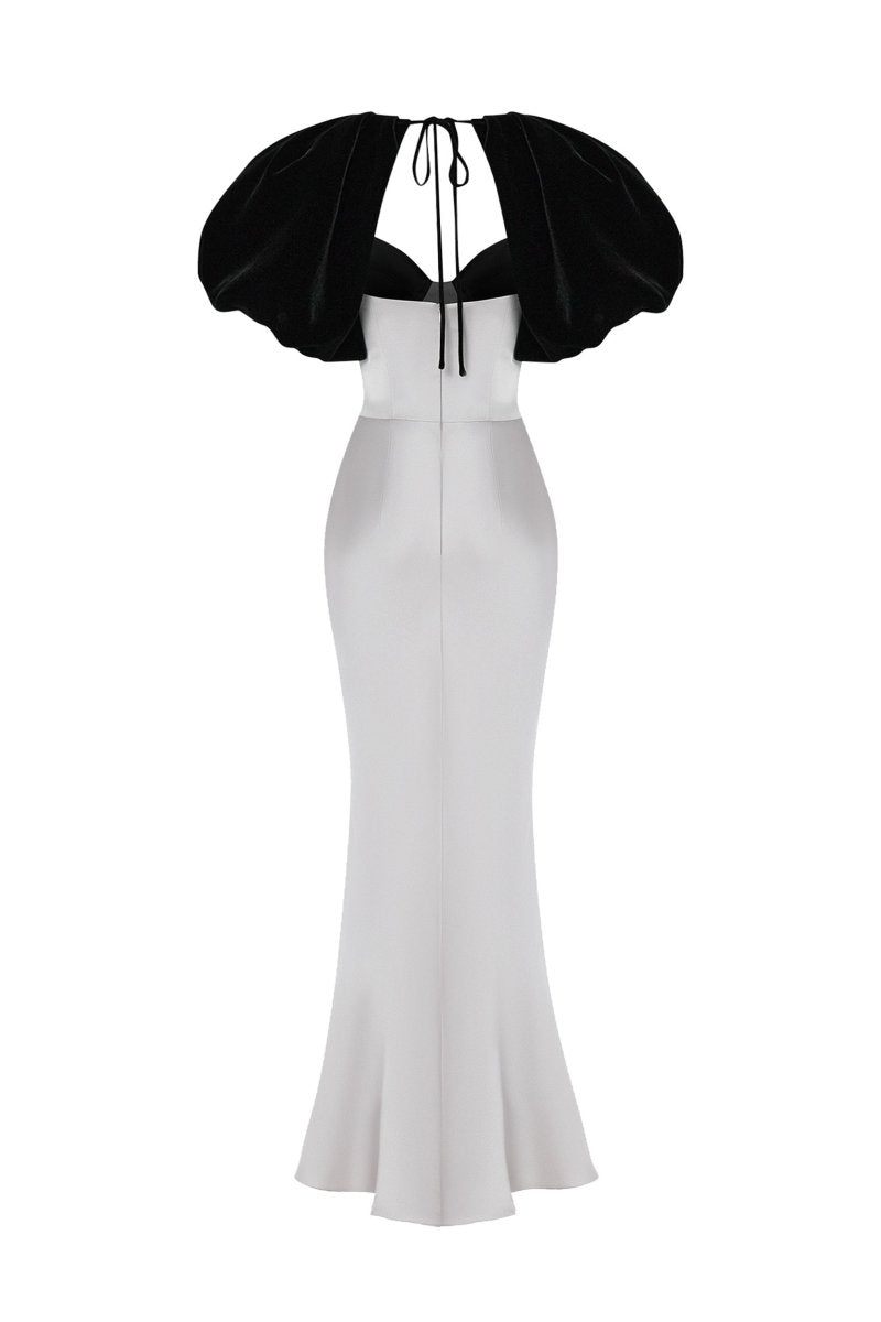 Satin and velvet fringed maxi dress with voluminous sleeves – Rasario