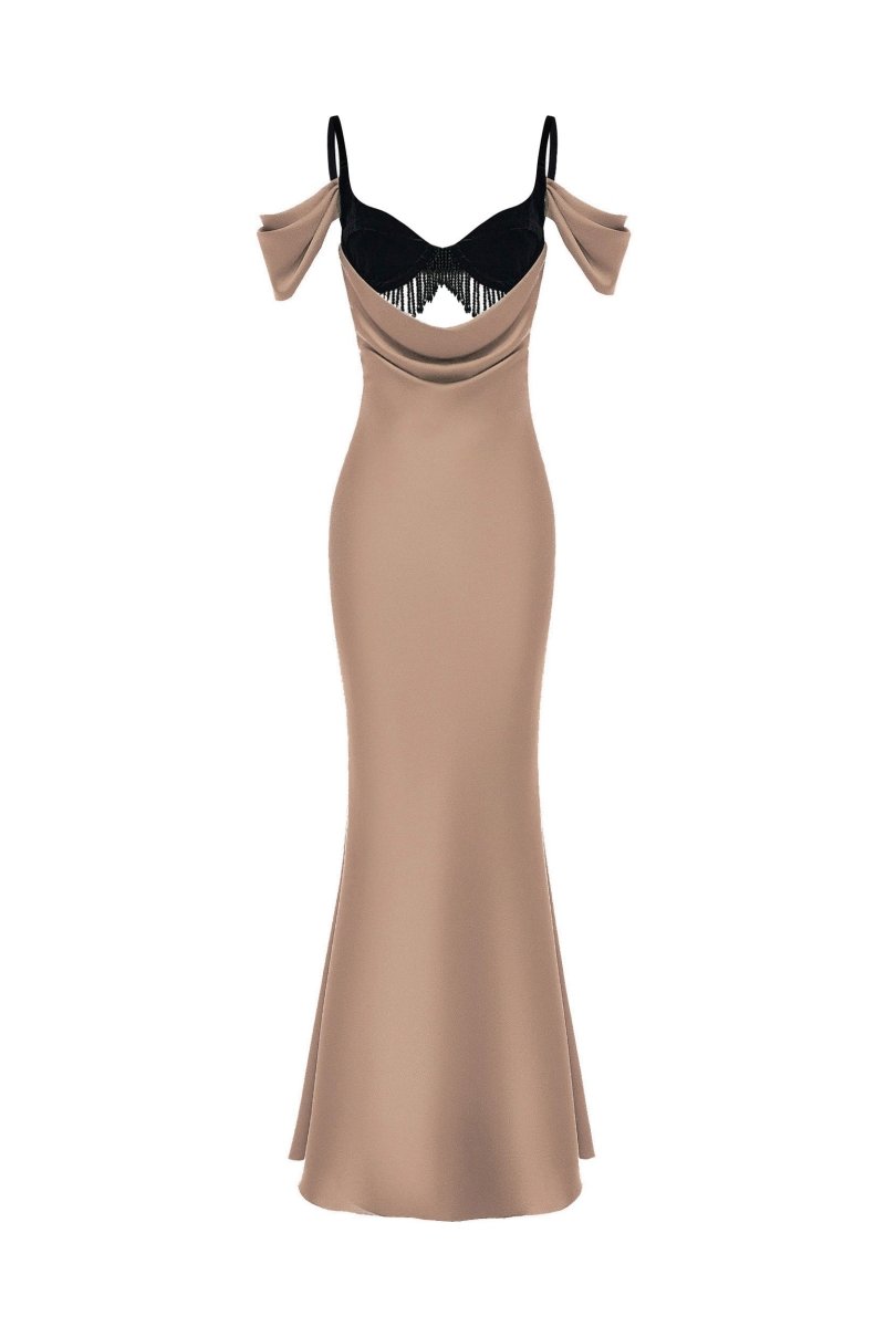 Satin and velvet fringed midi dress – Rasario