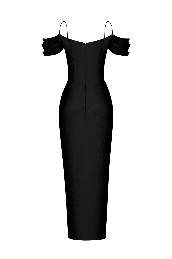 Satin draped off-the-shoulders long midi dress – Rasario