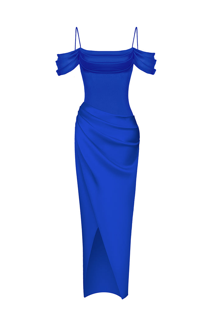 blue satin drape asymmetric strap midi dress draped off-the-shoulders long – Color: – RASARIO Online Boutique 36 (FR) / Blue Color:Latte Multi in this dress you Wardrobe staple blue lace mermaid prom
