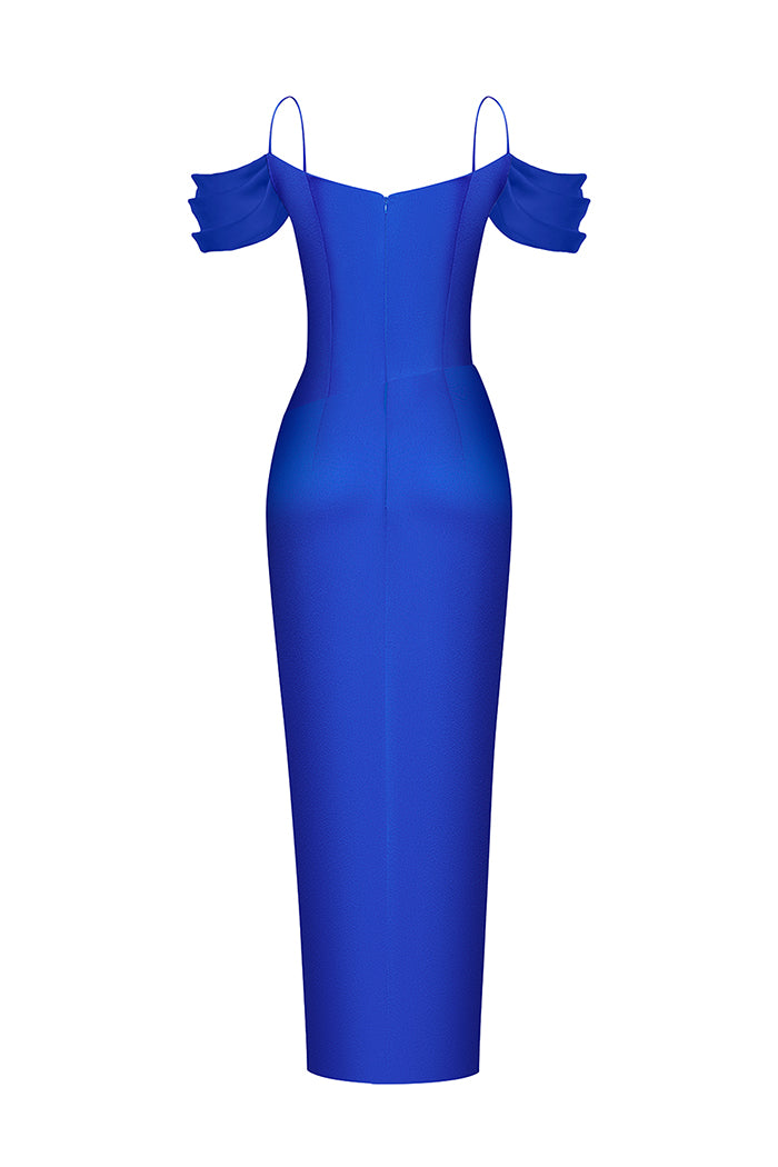 Satin draped off-the-shoulders long midi dress – Rasario