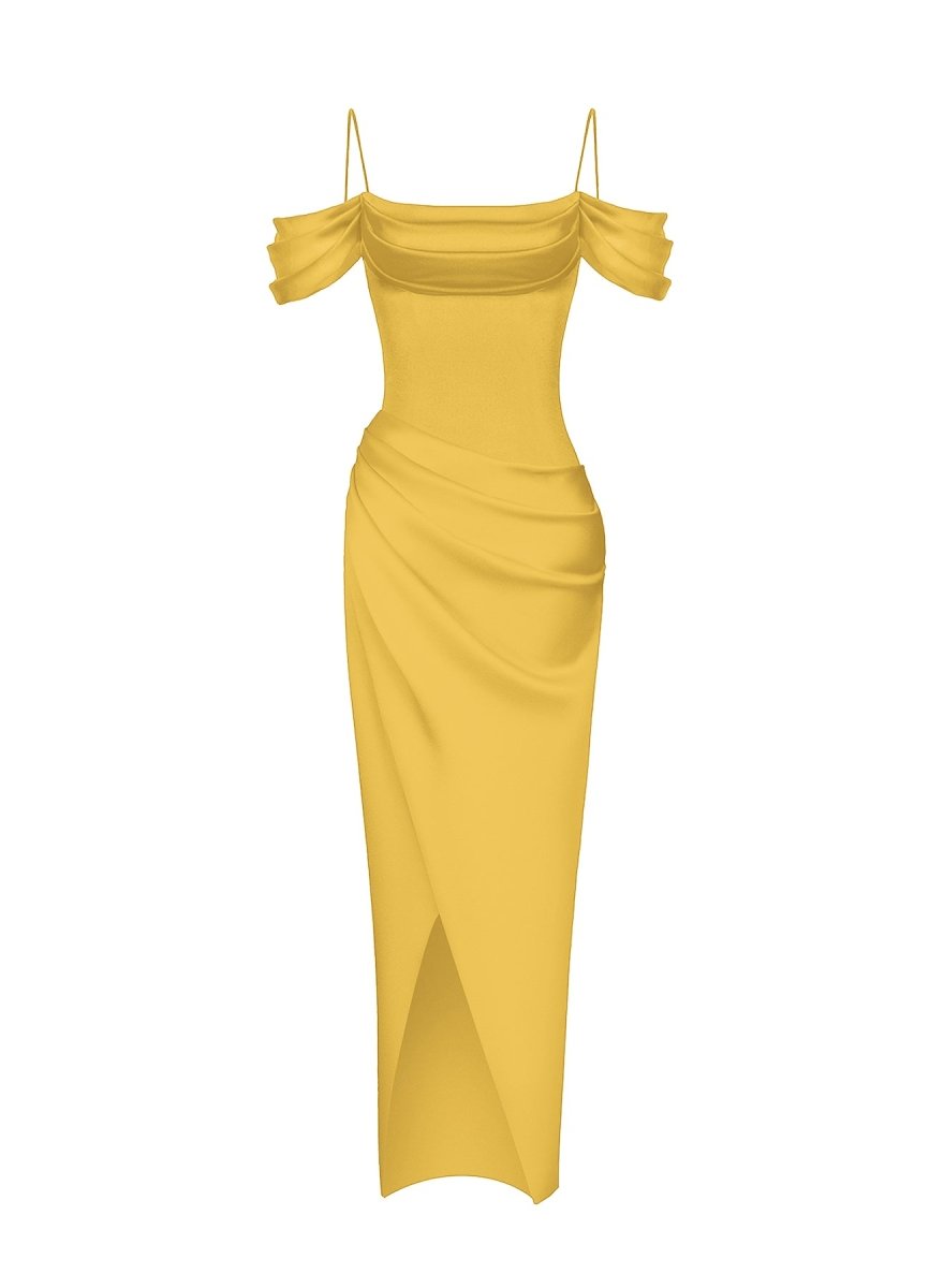 Satin draped off-the-shoulders long midi dress – Rasario