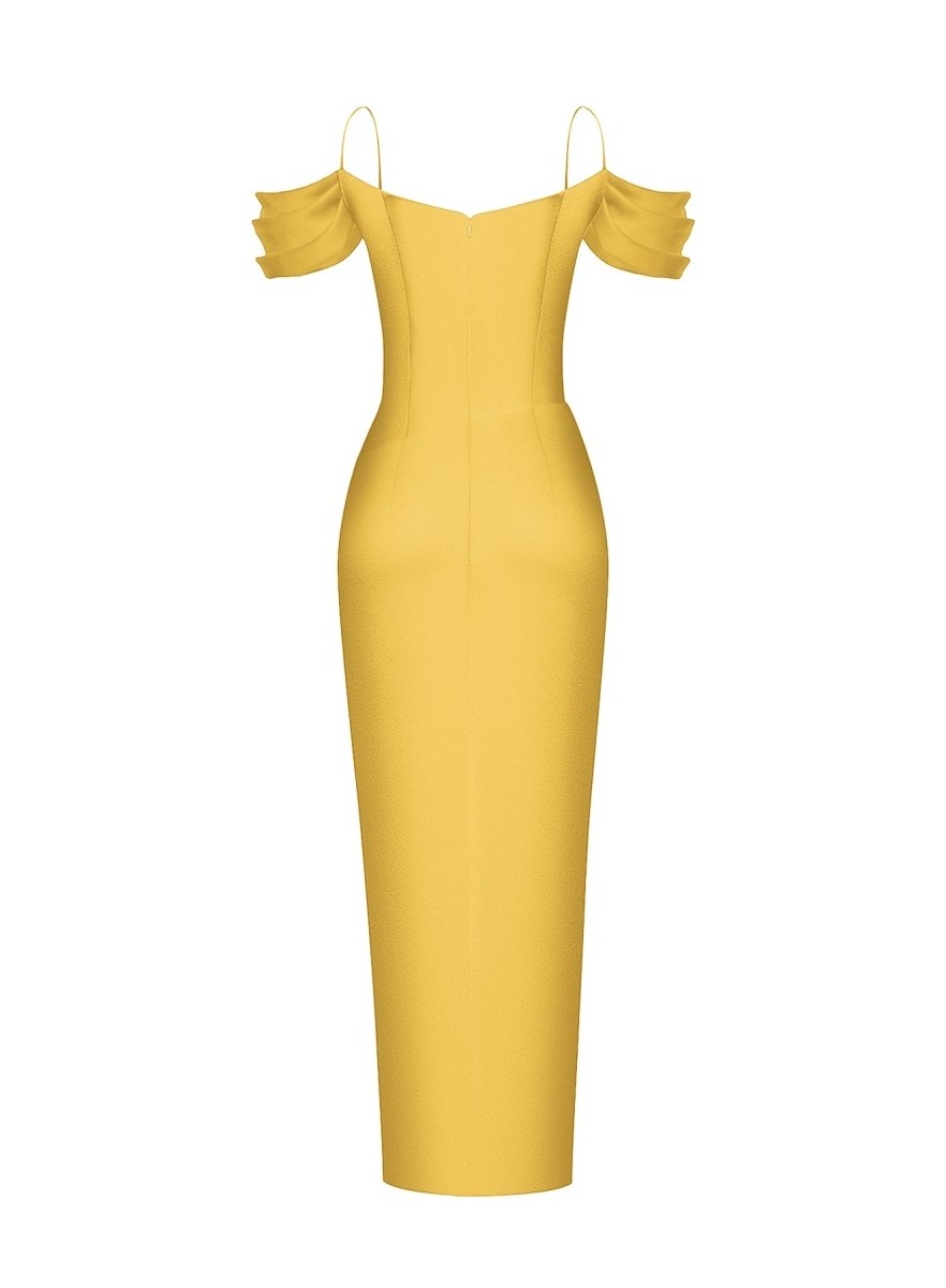 Satin draped off-the-shoulders long midi dress – Rasario