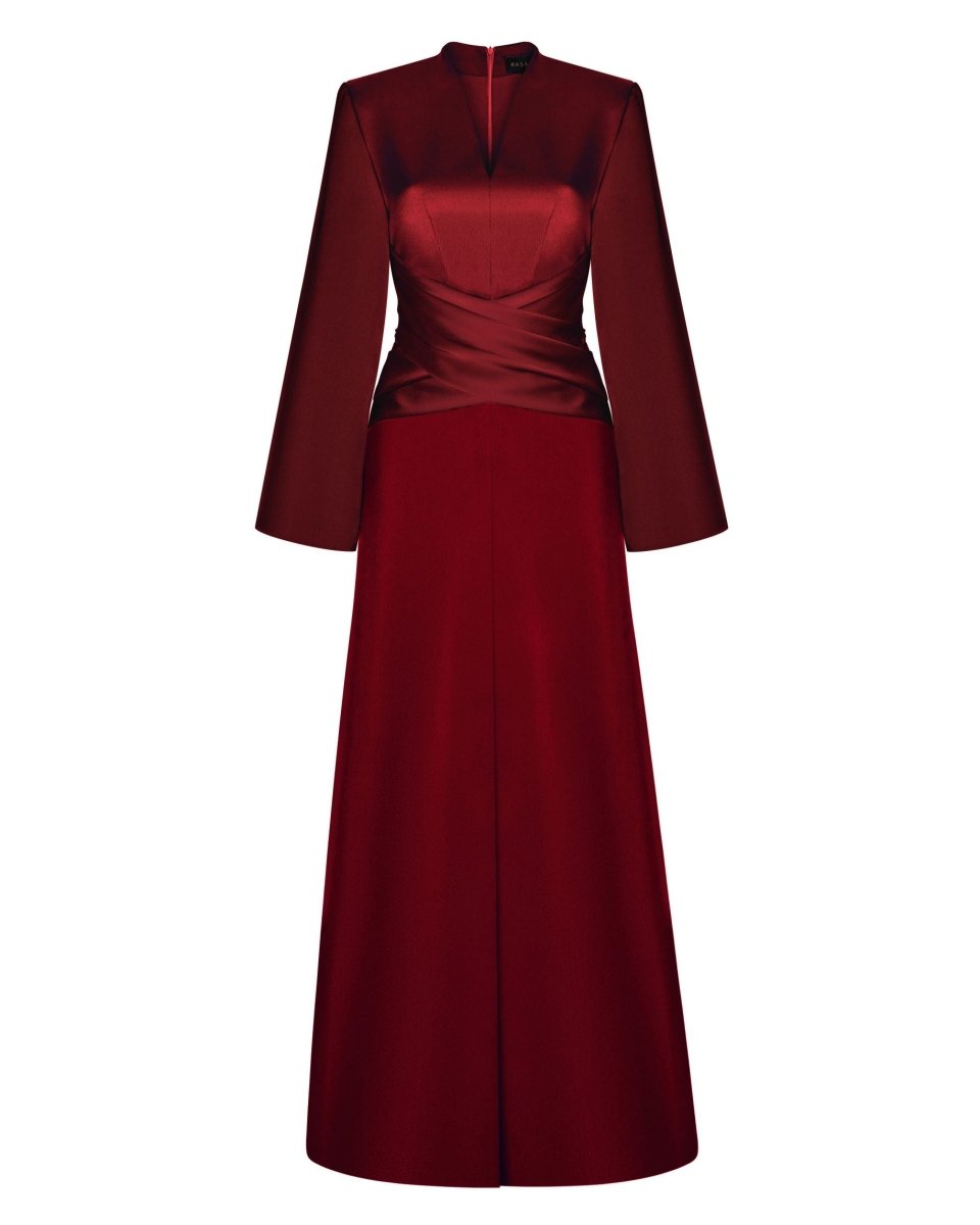 Satin front-slit maxi dress with draped belt – Color: Burgundy – RASARIO Online Boutique 42 (FR) / Burgundy