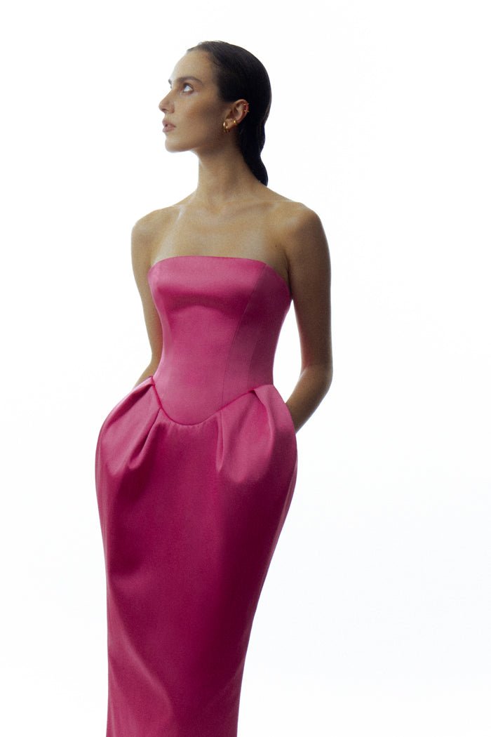 Satin long midi dress with voluminous skirt – Rasario