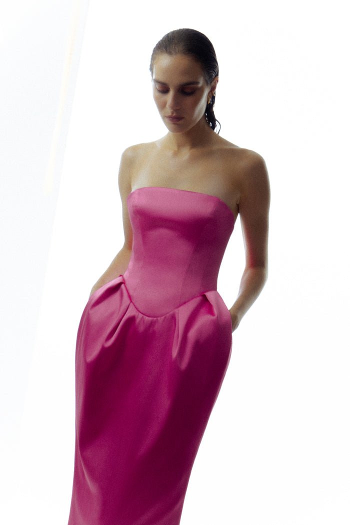 Satin long midi dress with voluminous skirt – Rasario