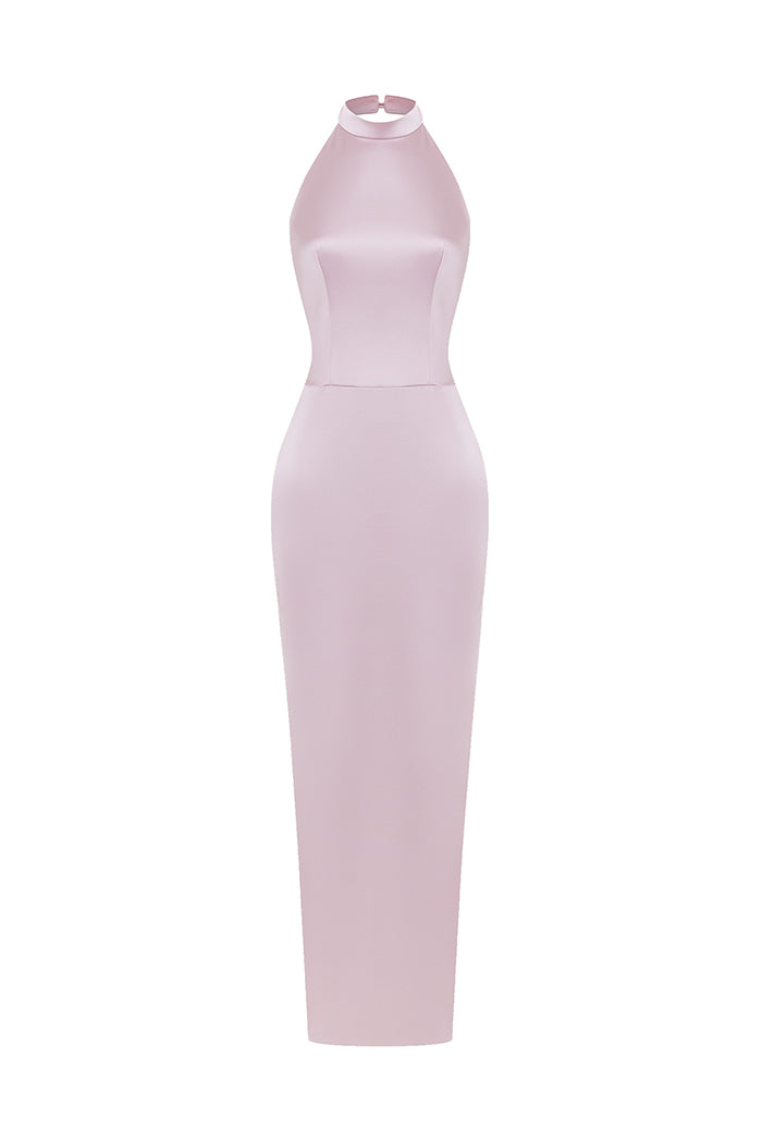 Satin maxi dress with a side slit – Color: Light pink – RASARIO Online Boutique 44 (FR) / Light pink