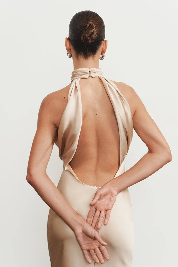 Satin midi dress with a cutout – Rasario