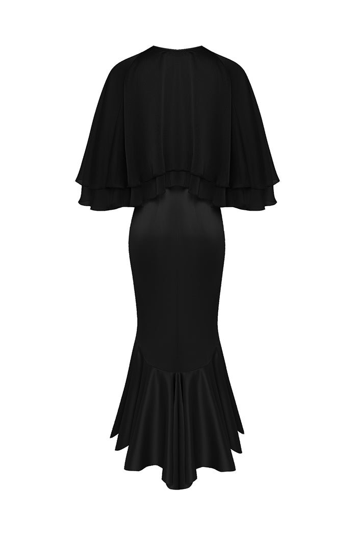 Satin midi dress with a flower and cropped cape – Rasario