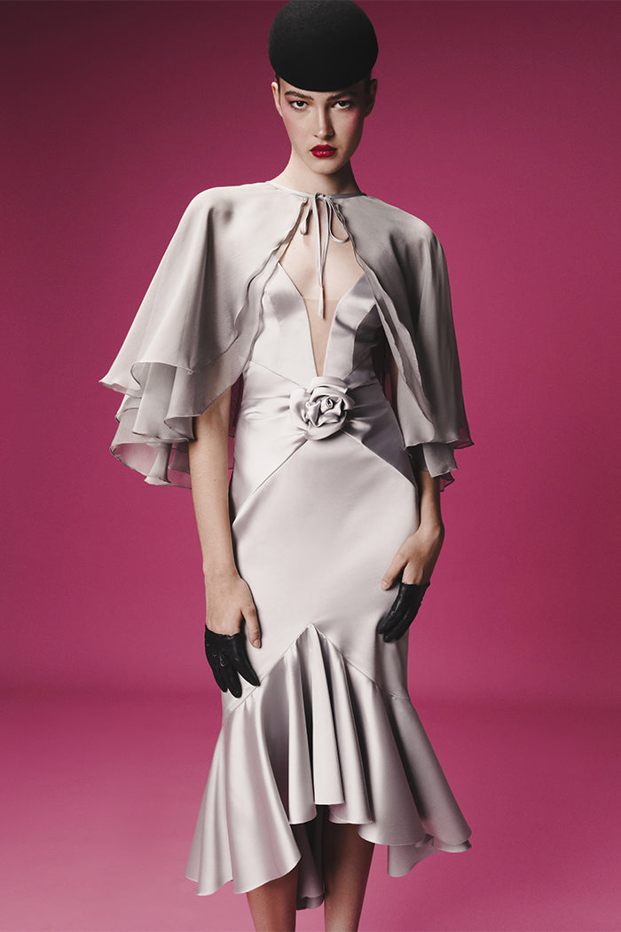 Satin midi dress with a flower and cropped cape – Rasario