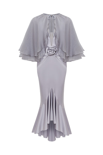 grey satin midi dress Grey Satin-Silk Midi Dress: Elegant Wide Long Sleeves