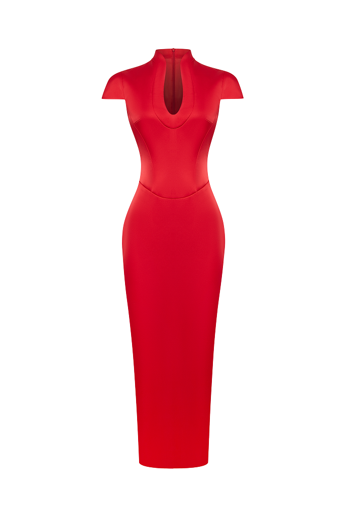 Satin midi dress with a side slit – Color: Red – RASARIO Online Boutique 38 (FR) / Red