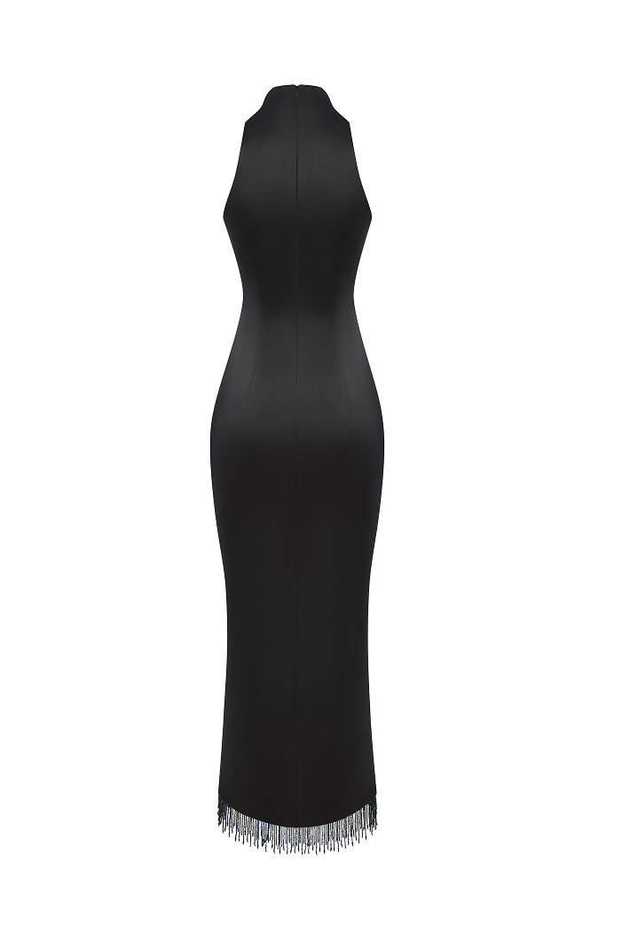 Satin midi dress with fringe trim – Rasario