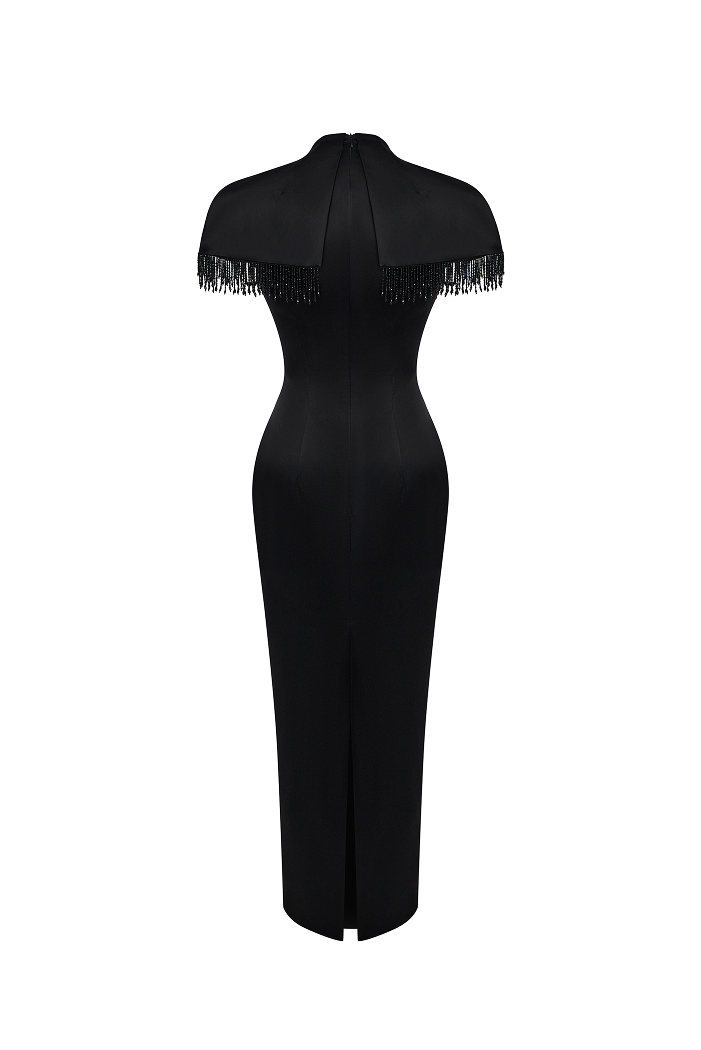 Satin midi dress with fringe trim – Rasario