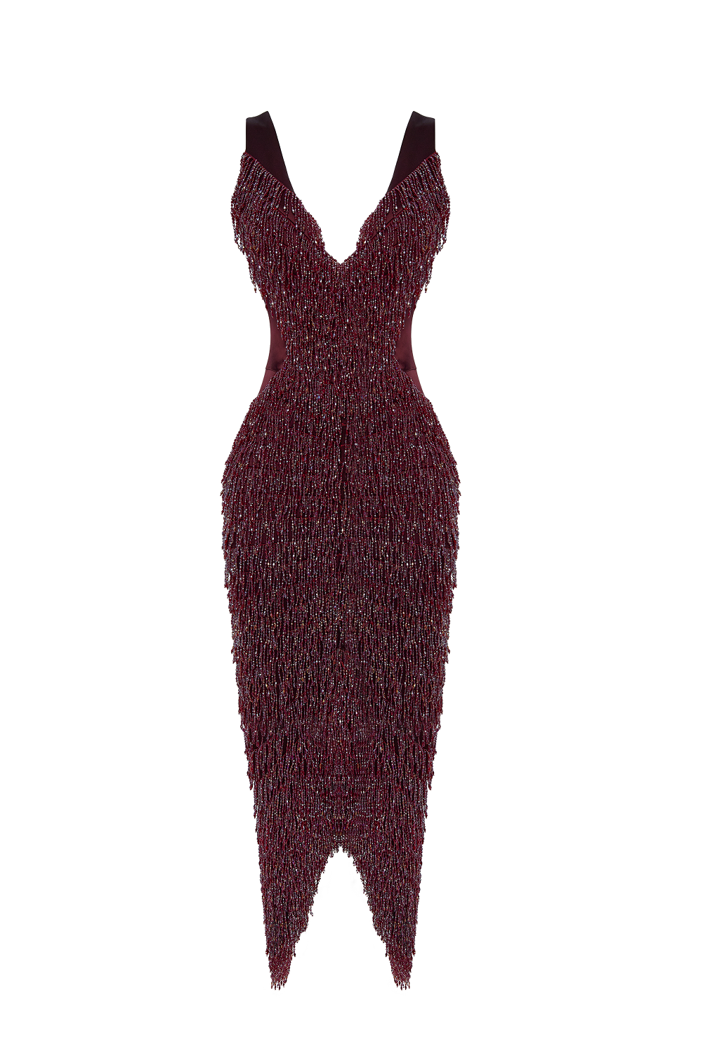 Satin midi dress with fringe trim – Color: Burgundy – RASARIO Online Boutique 38 (FR) / Burgundy