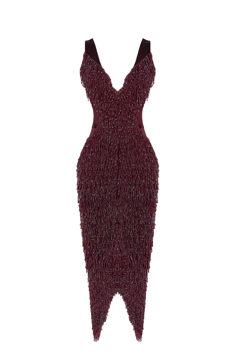 burgundy fringe dress Florence Fringed Open Back Short MA Burgundy Crochet Fringe Dress