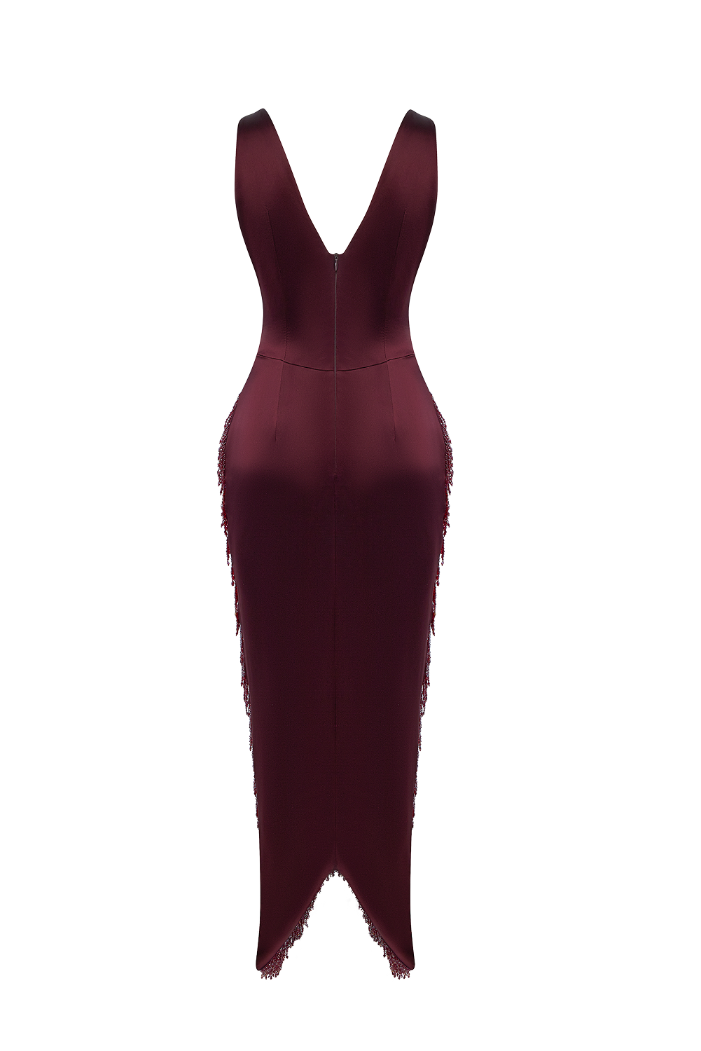 Satin midi dress with fringe trim – Rasario