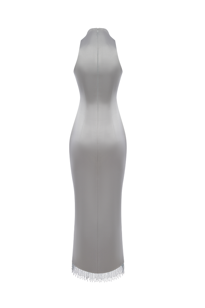 Satin midi dress with fringe trim – Rasario