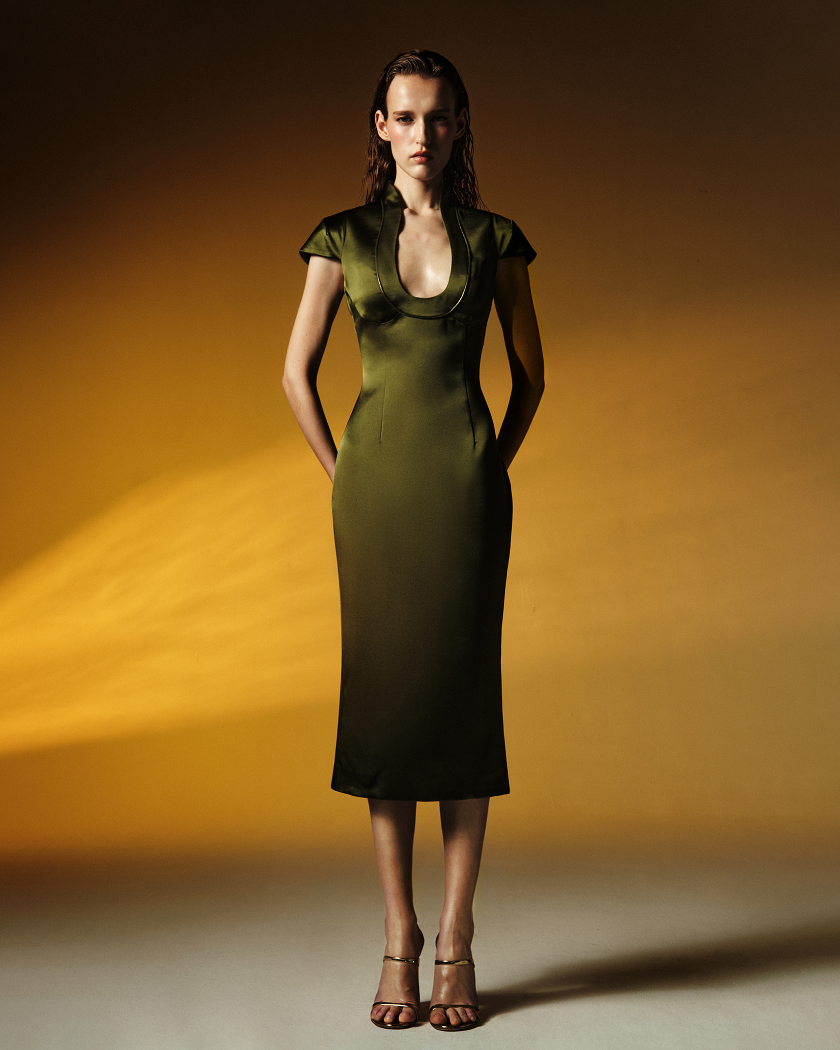 Satin midi dress with piping trim – Rasario