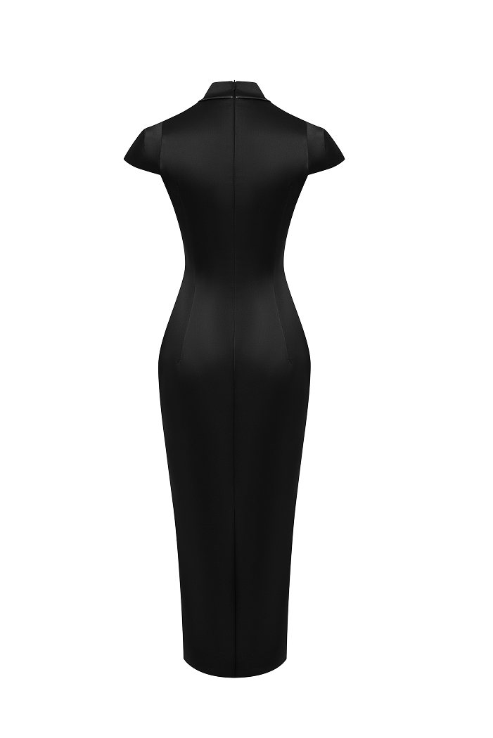 Satin midi dress with piping trim – Rasario