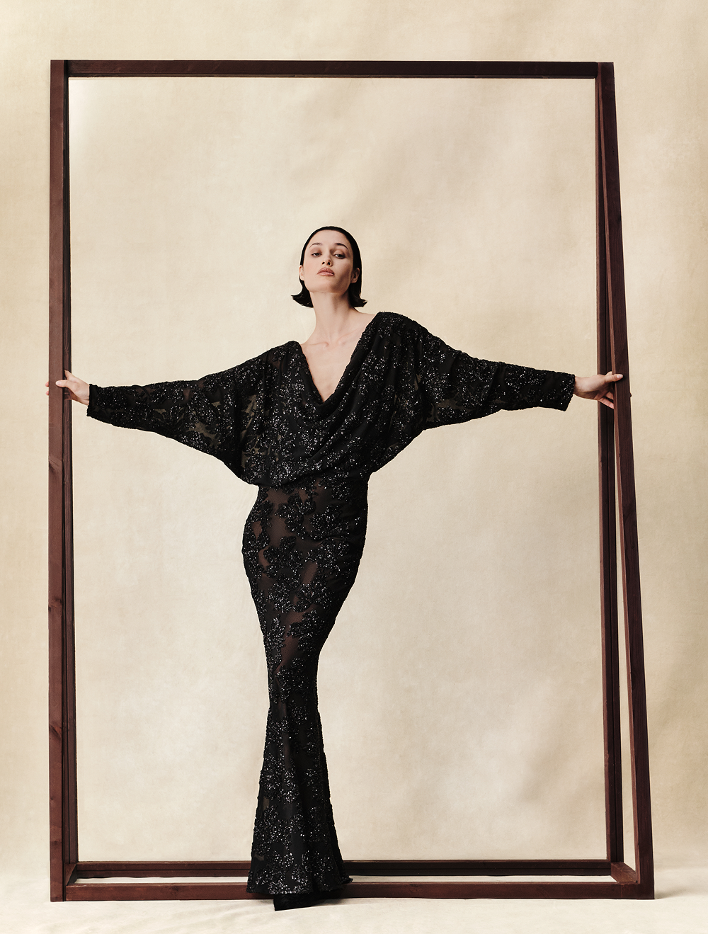 Sequin chiffon maxi dress with batwing sleeves – Rasario