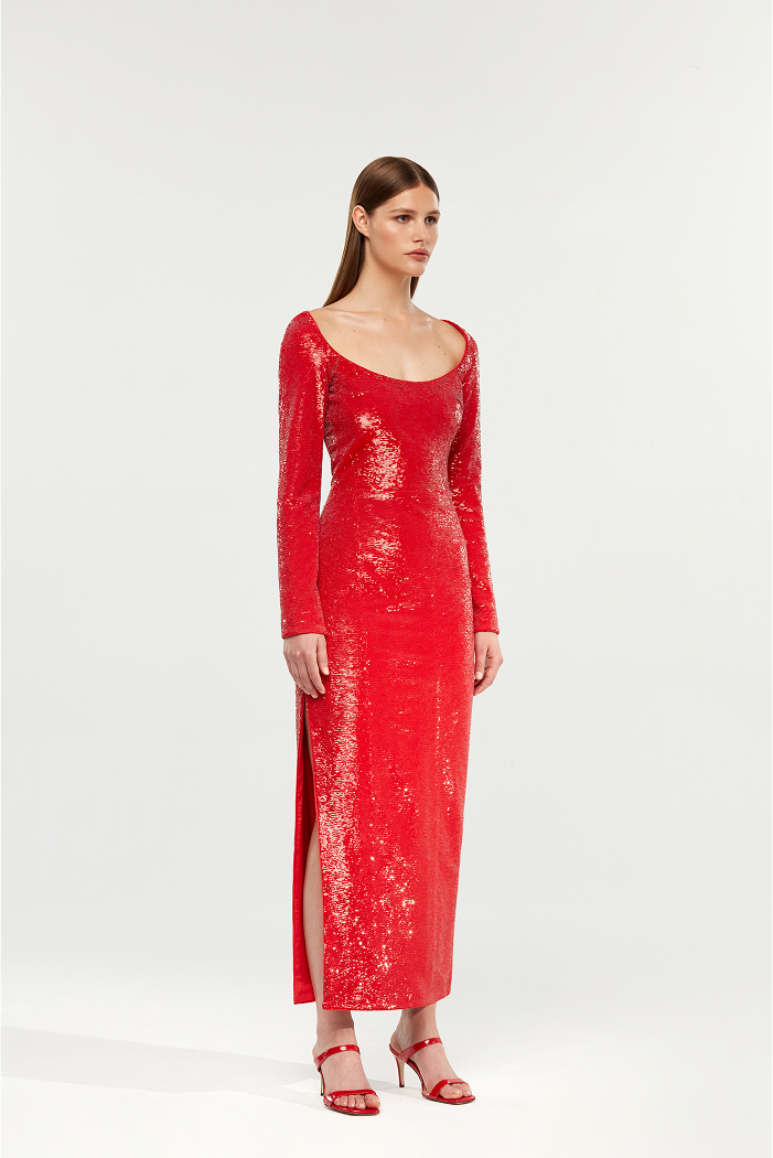 Sequined long midi dress with a side slit – Rasario