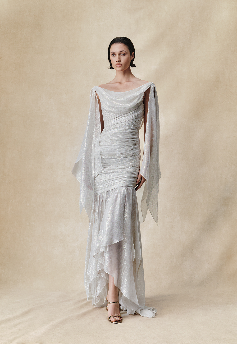 Silk and lurex maxi dress with cowl neckline and ruffles – Rasario