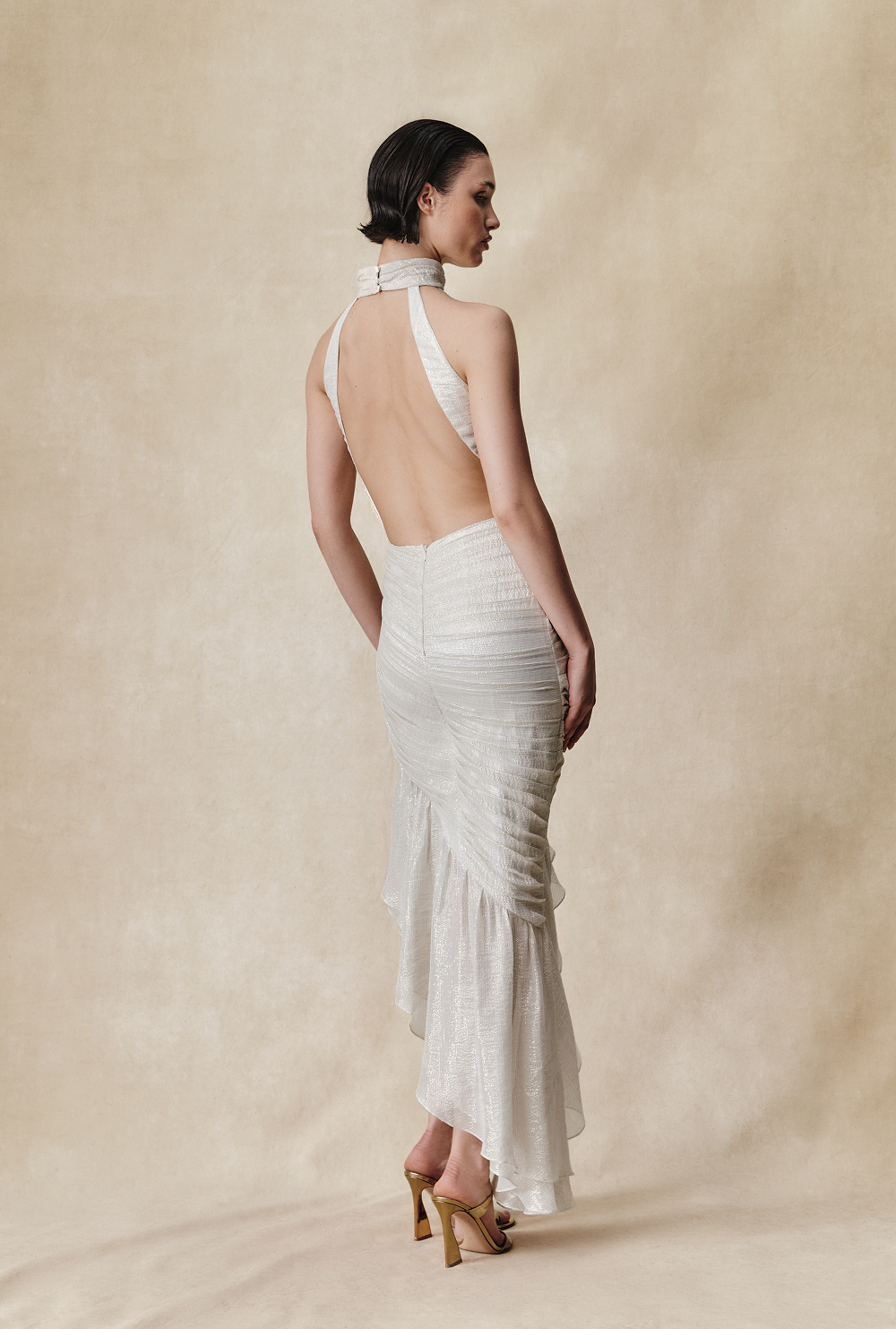 Silk chiffon and lurex maxi dress with asymmetric ruffles – Rasario