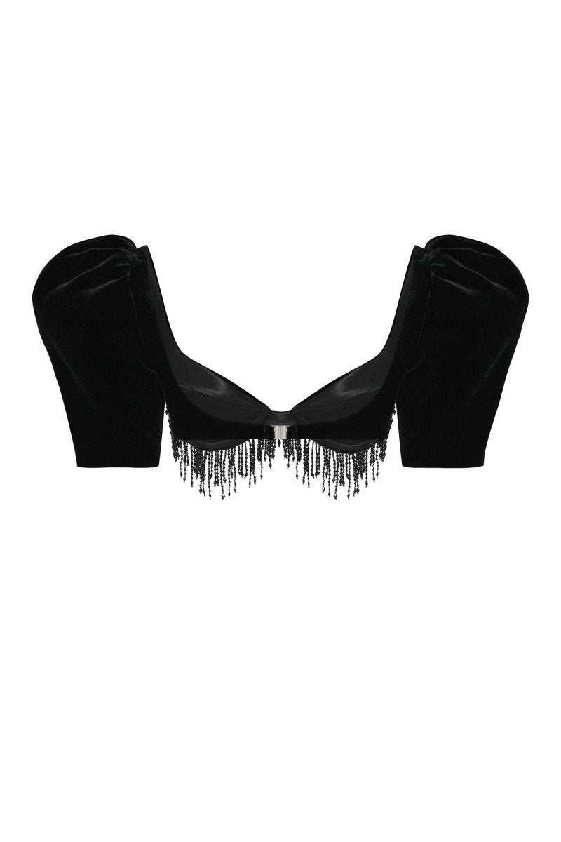 Velvet cropped fringed top with voluminous sleeves – Rasario