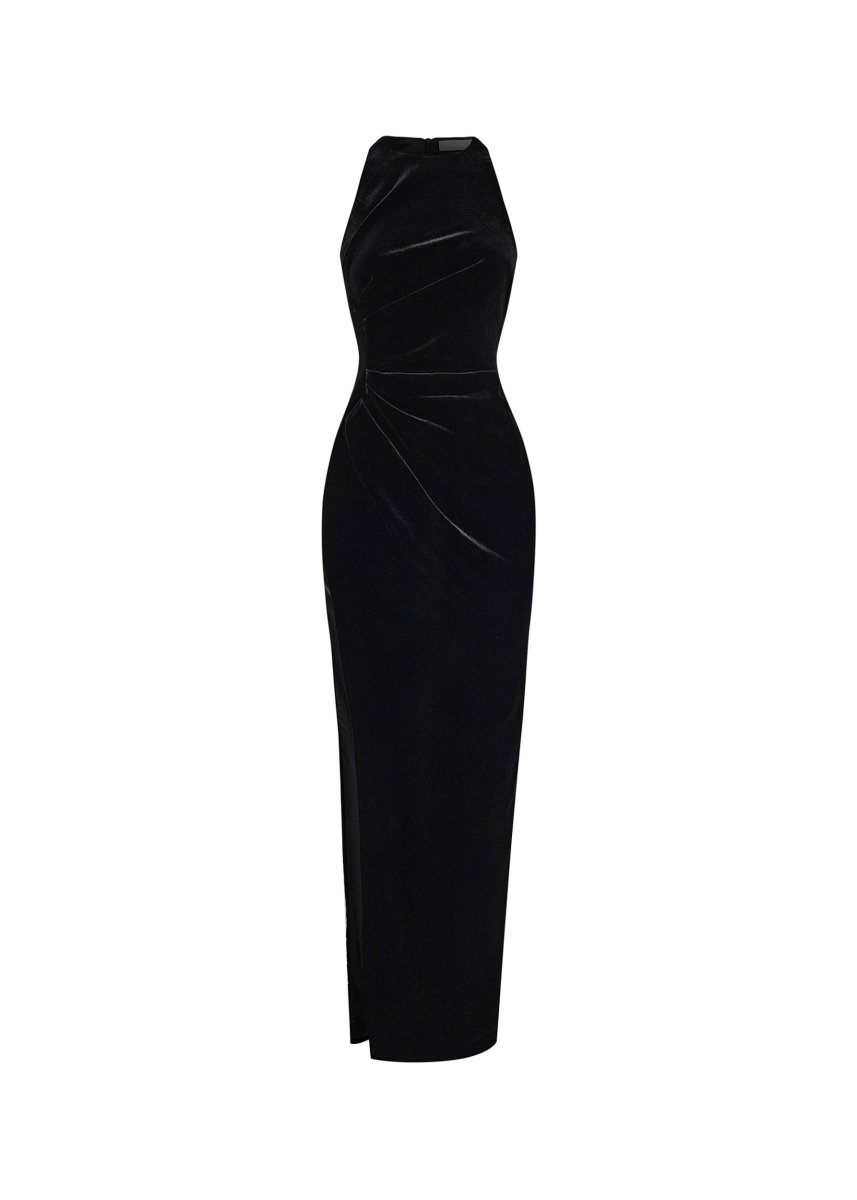 black velvet slit dress draped midi with a side – Color: – RASARIO Online Boutique 40 (FR) / Black sizeFilter-22 Hidden back zipper Size:5.5W Women's Chocolate Slinky Backless