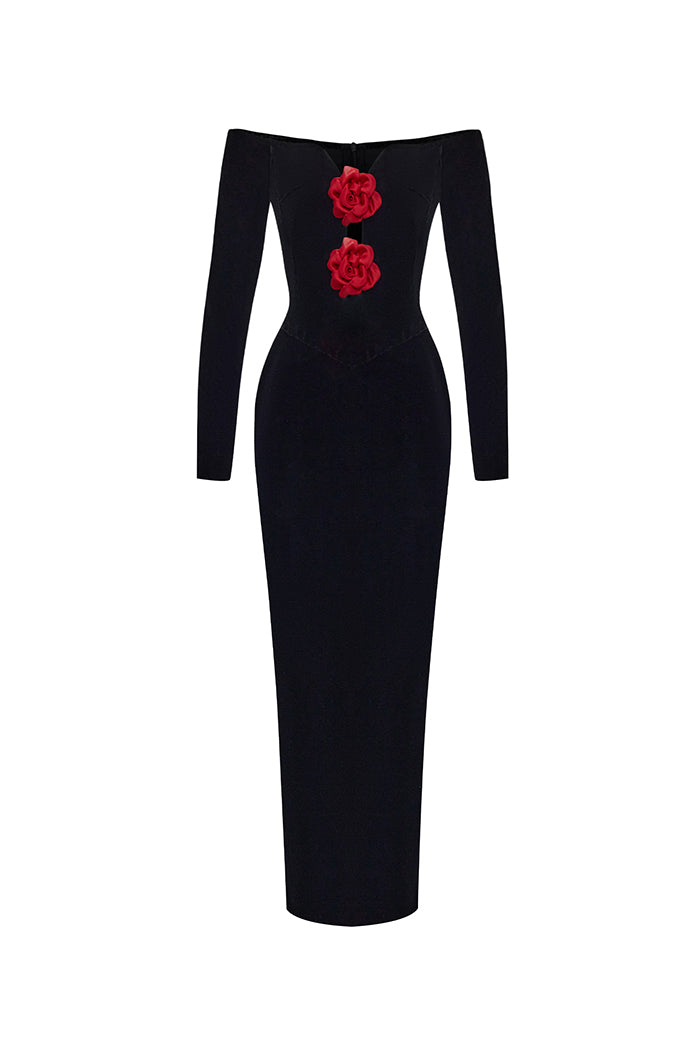 Velvet midi dress with chiffon red flowers – Color: Black – RASARIO Online Boutique 36 (FR) / Black