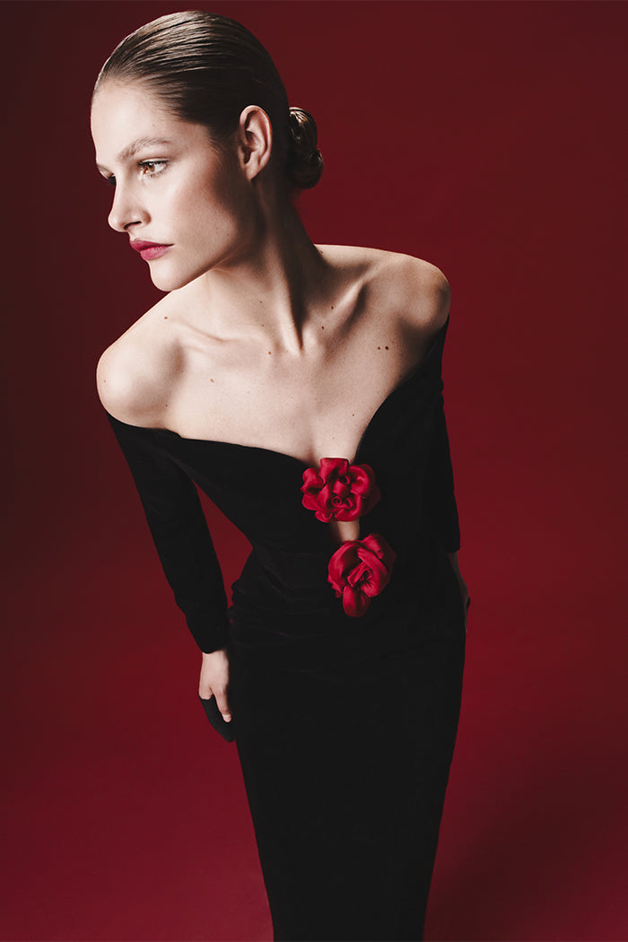 Velvet midi dress with chiffon red flowers – Rasario