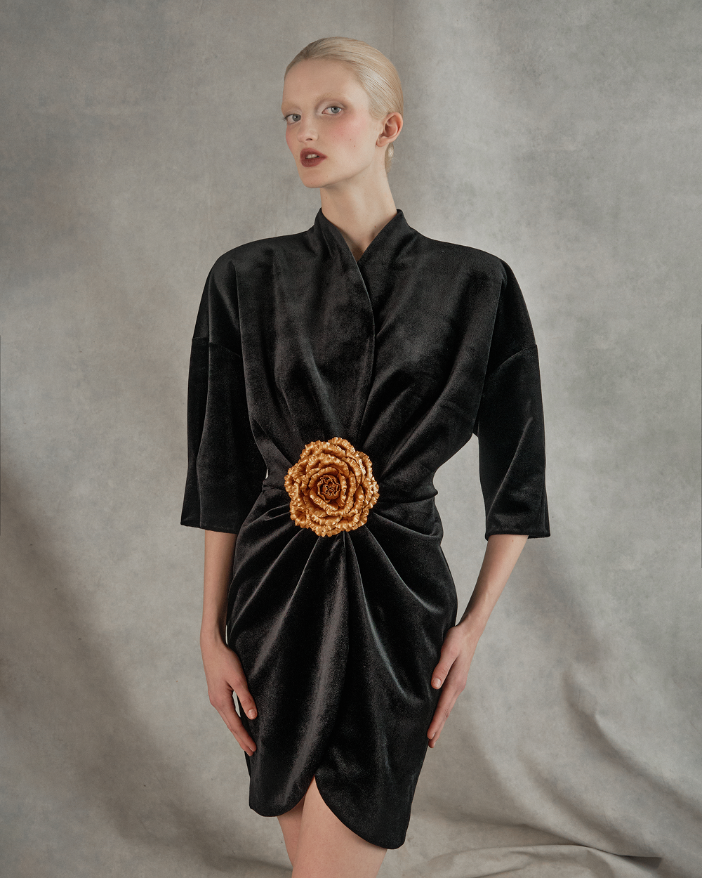 Velvet mini dress with a flower – Rasario