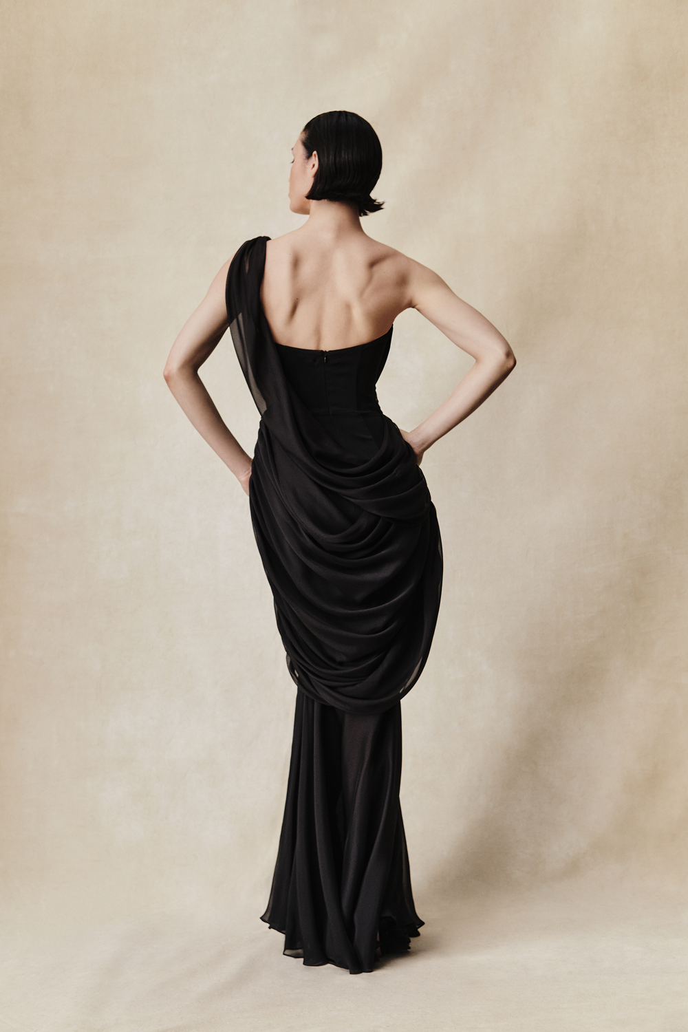 Viscose and silk corset maxi dress with draping – Rasario