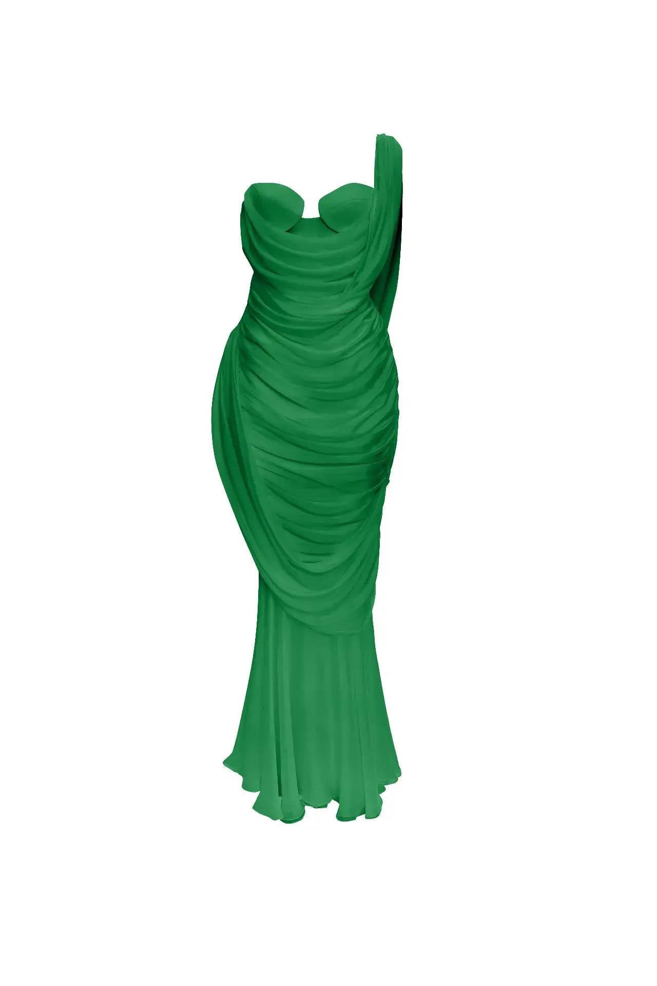Viscose and silk corset maxi dress with draping – Color: Green – RASARIO Online Boutique 34 (FR) / Green