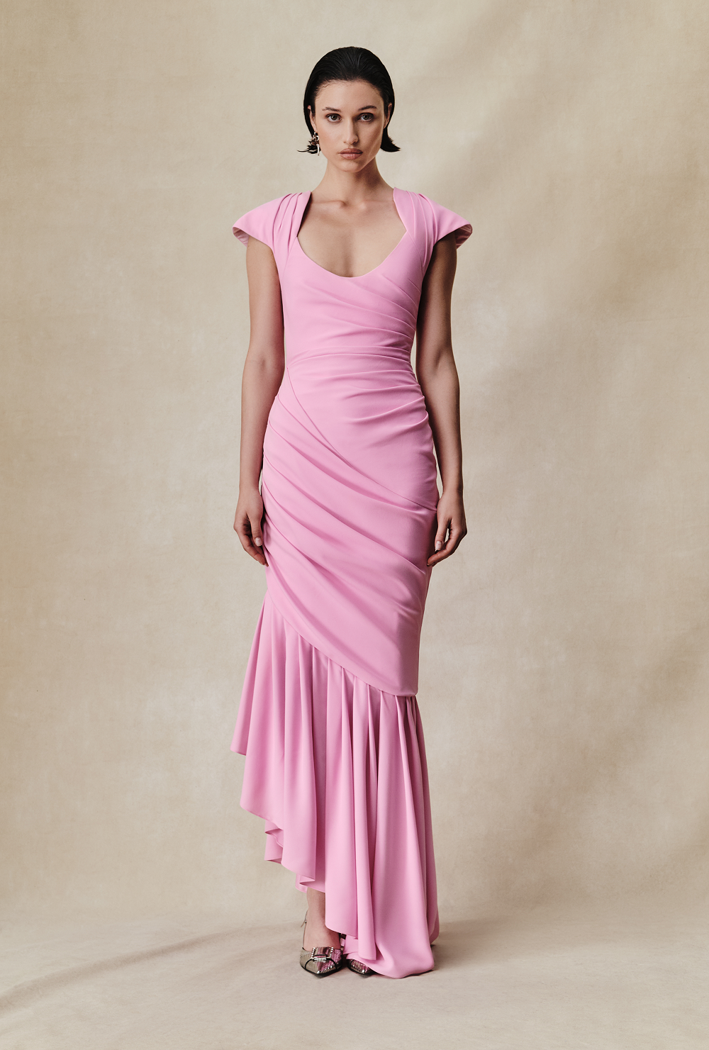Viscose crepe asymmetric maxi dress with draping – Rasario