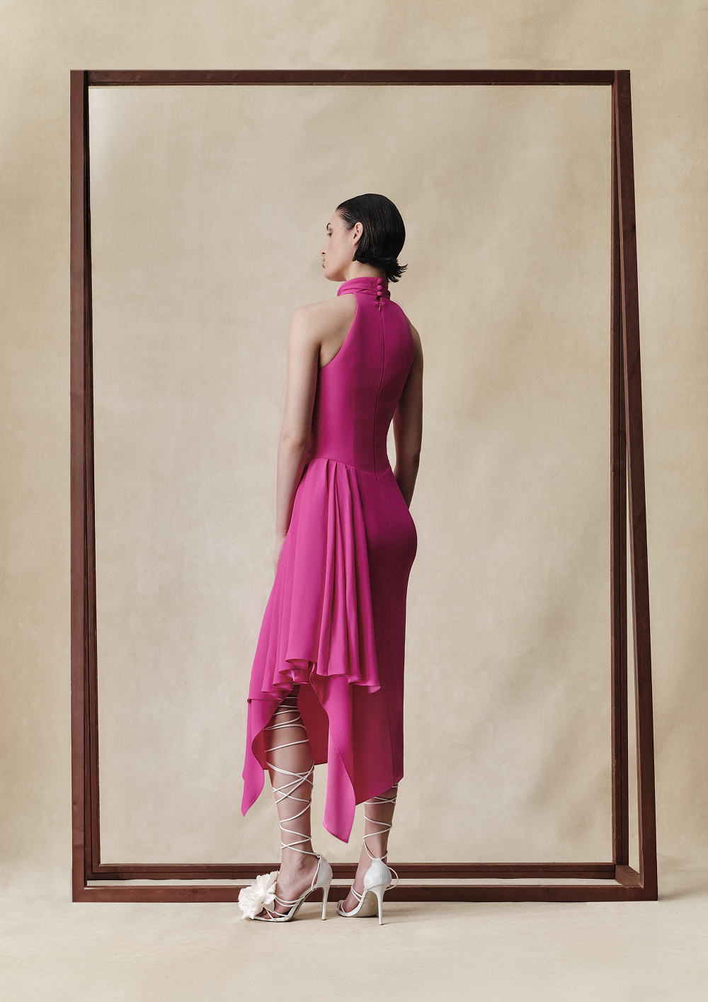 Viscose crepe midi dress with draping – Rasario