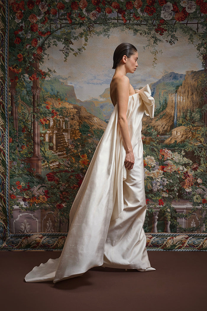 Wild silk maxi dress with an overskirt train and a voluminous bow – Rasario