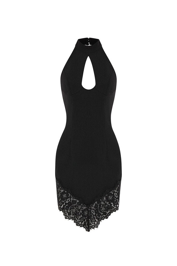 Crepe and lace mini dress with a cutout black S079N010 – RASARIO