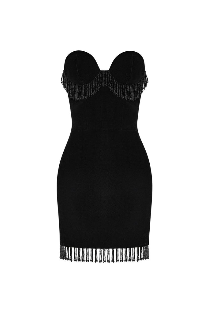 Velvet fringed mini dress black DN001 – RASARIO