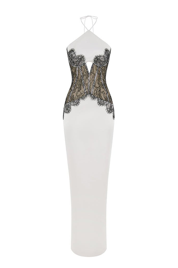 Satin and lace corset maxi dress white/black S071X210 – RASARIO