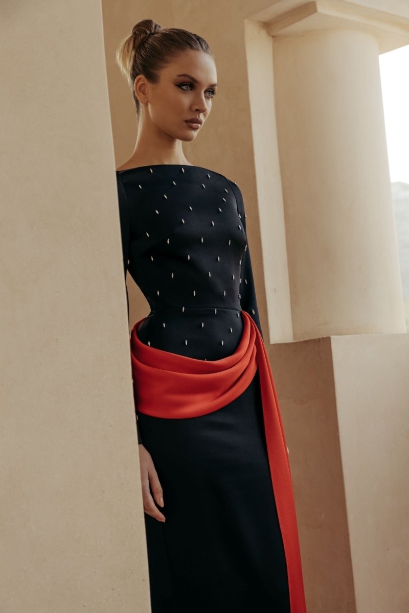 Embroidered satin maxi dress with drapery and train