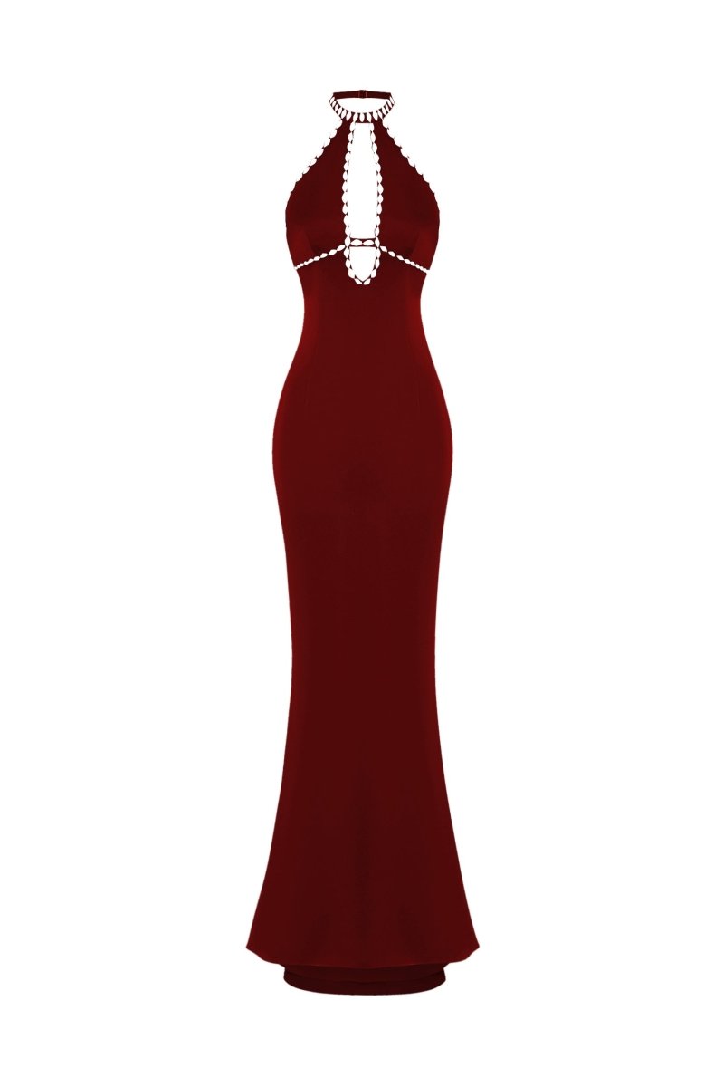 Red Satin Maxi Crystal Party Dress Red Satin Maxi Crystal Party Dress
