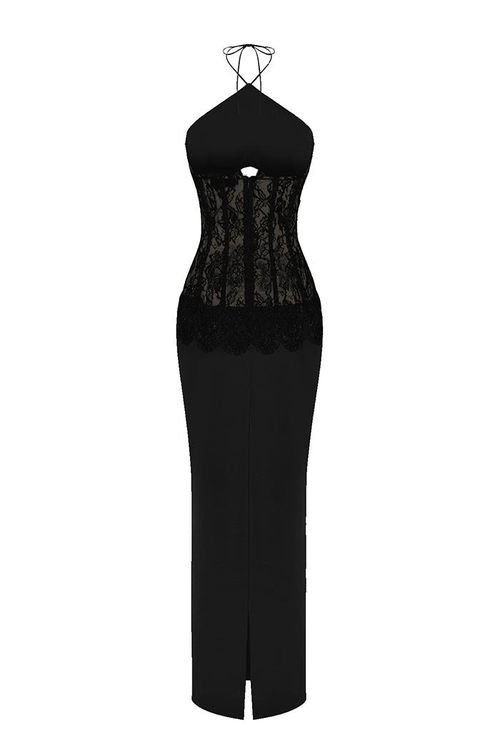 Satin and lace corset maxi dress black 1X010 – RASARIO